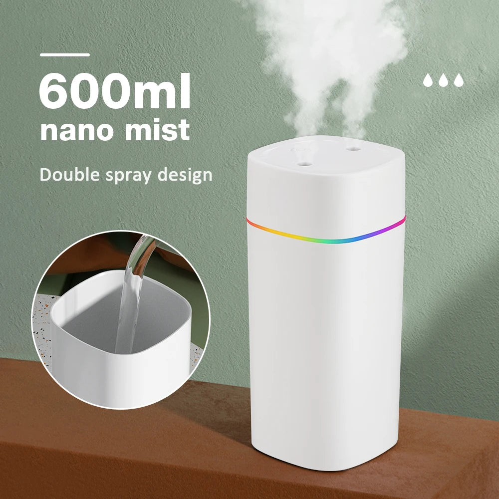 600ML Air Humidifier Double Spray Port Essential Oil Aromatherapy Diffuser Mute Atomizer Colorful Lights For Home Office Car