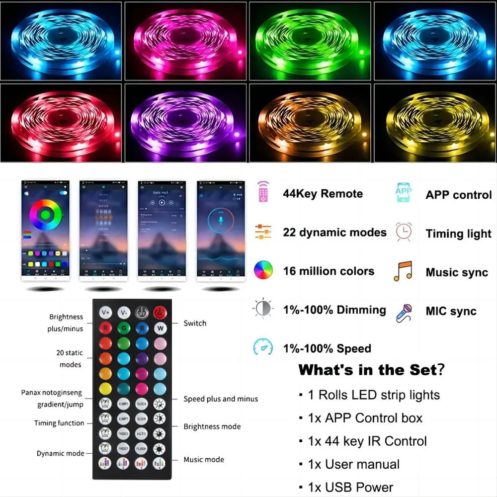 3.28ft-100ft USB LED Strip Light APP Control with 44 Key Remote Control RGB 3535 Ribbon Lamp TV Backlights Game Room Home Decor