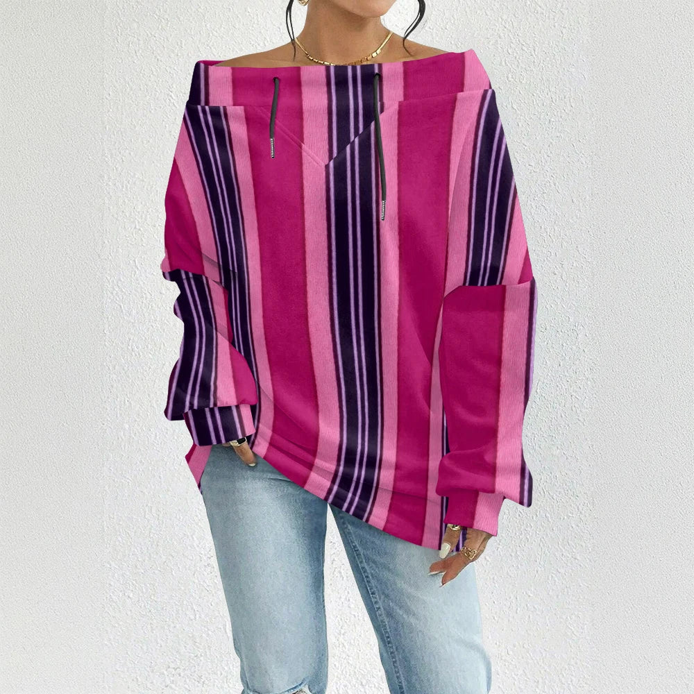 Fashion Chic Off-The-Shoulder Striped Sweatshirt Women's Sexy Drawstring Top Bohemian Style Bell Sleeve Blouse Party Pullover