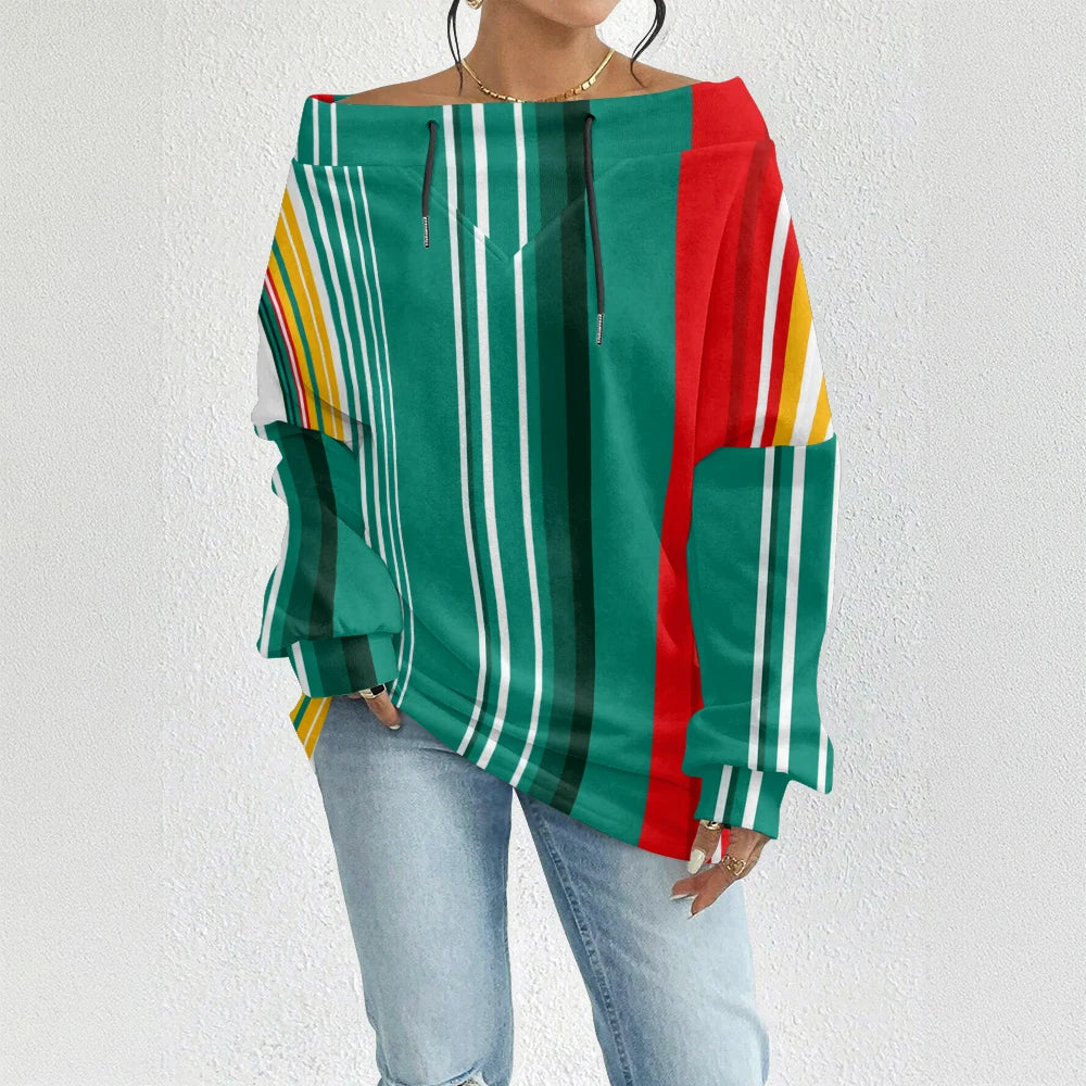 Fashion Chic Off-The-Shoulder Striped Sweatshirt Women's Sexy Drawstring Top Bohemian Style Bell Sleeve Blouse Party Pullover