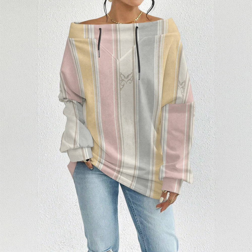 Fashion Chic Off-The-Shoulder Striped Sweatshirt Women's Sexy Drawstring Top Bohemian Style Bell Sleeve Blouse Party Pullover