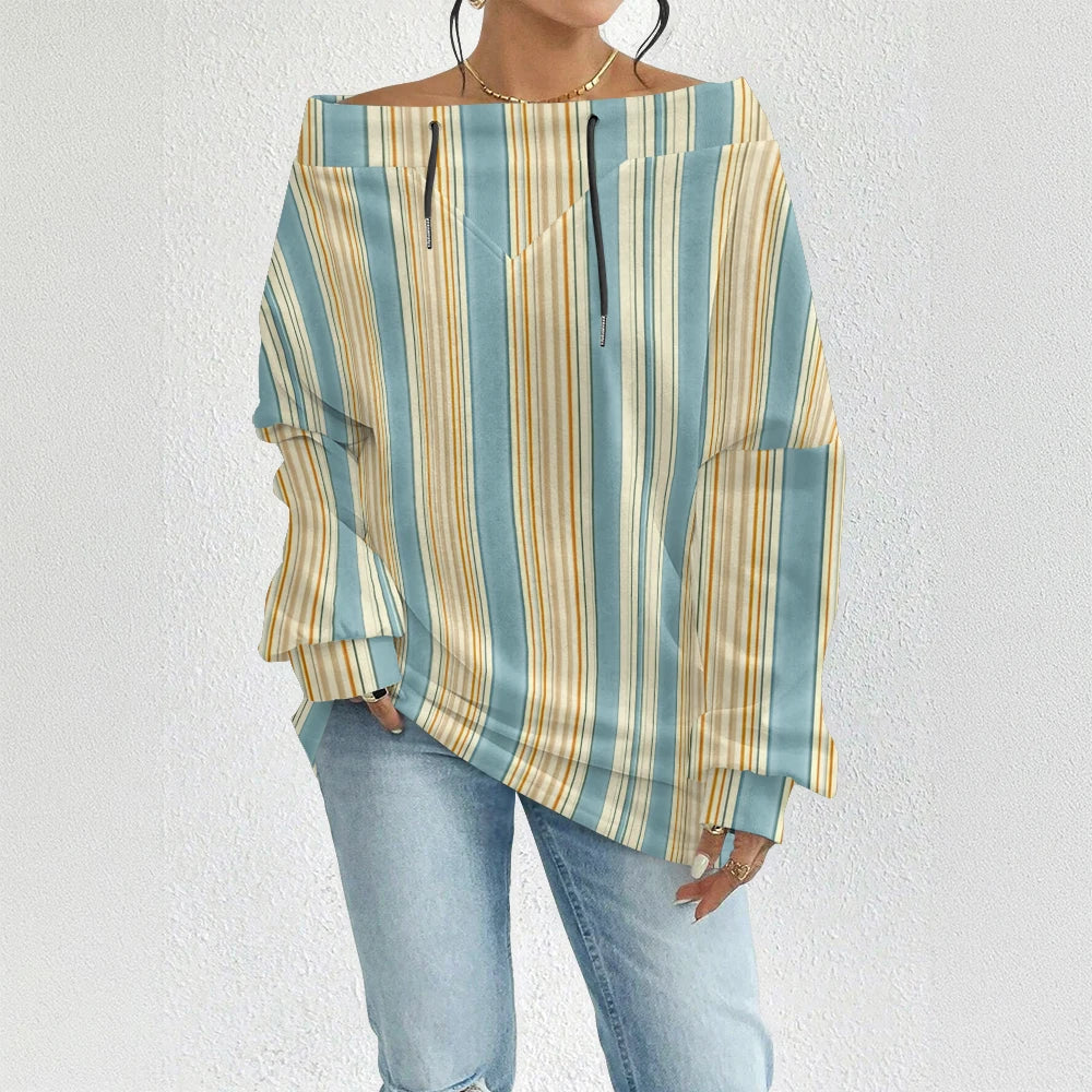 Fashion Chic Off-The-Shoulder Striped Sweatshirt Women's Sexy Drawstring Top Bohemian Style Bell Sleeve Blouse Party Pullover