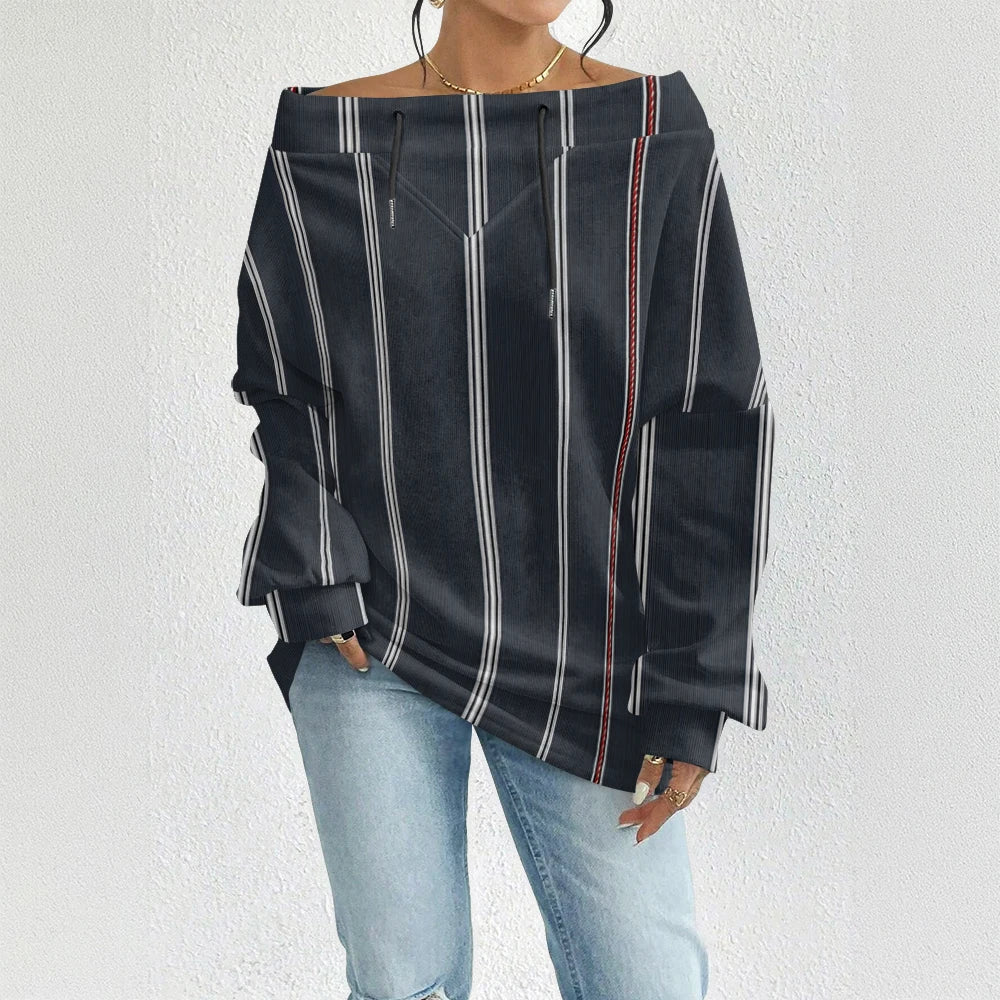Fashion Chic Off-The-Shoulder Striped Sweatshirt Women's Sexy Drawstring Top Bohemian Style Bell Sleeve Blouse Party Pullover