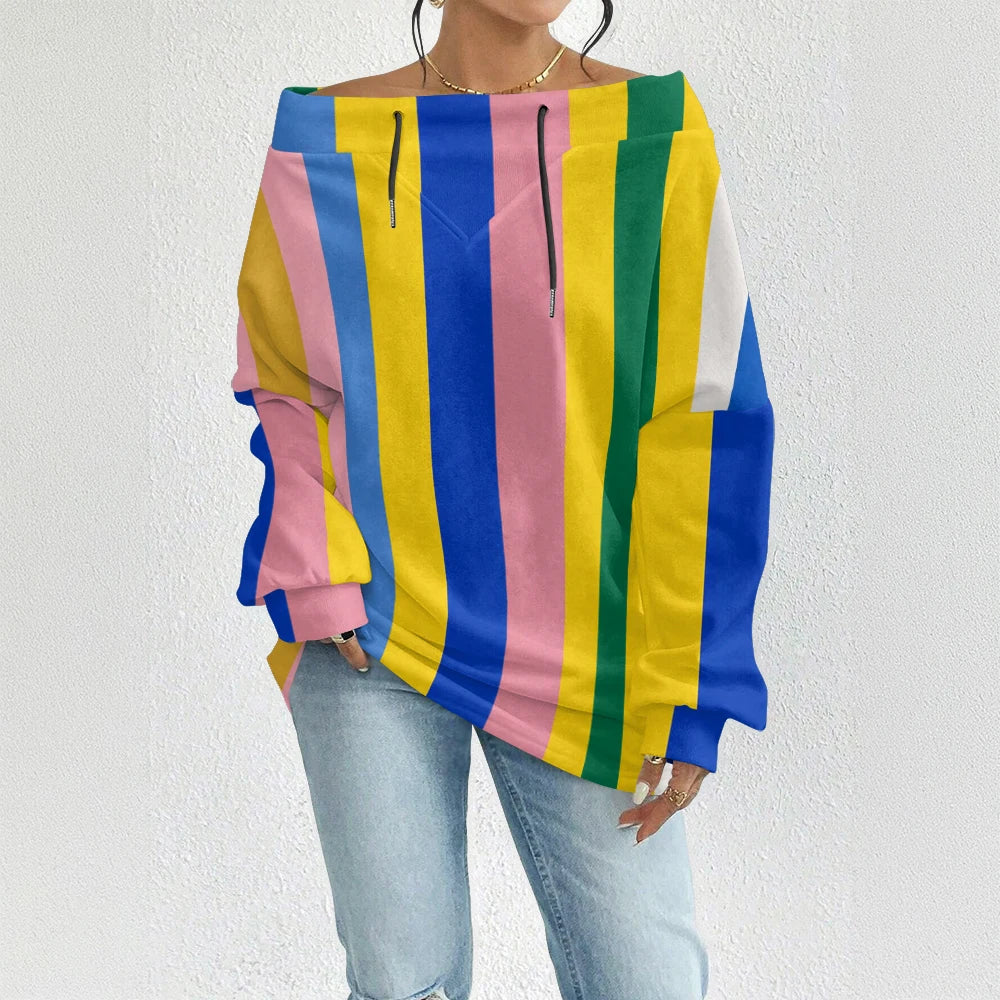 Fashion Chic Off-The-Shoulder Striped Sweatshirt Women's Sexy Drawstring Top Bohemian Style Bell Sleeve Blouse Party Pullover