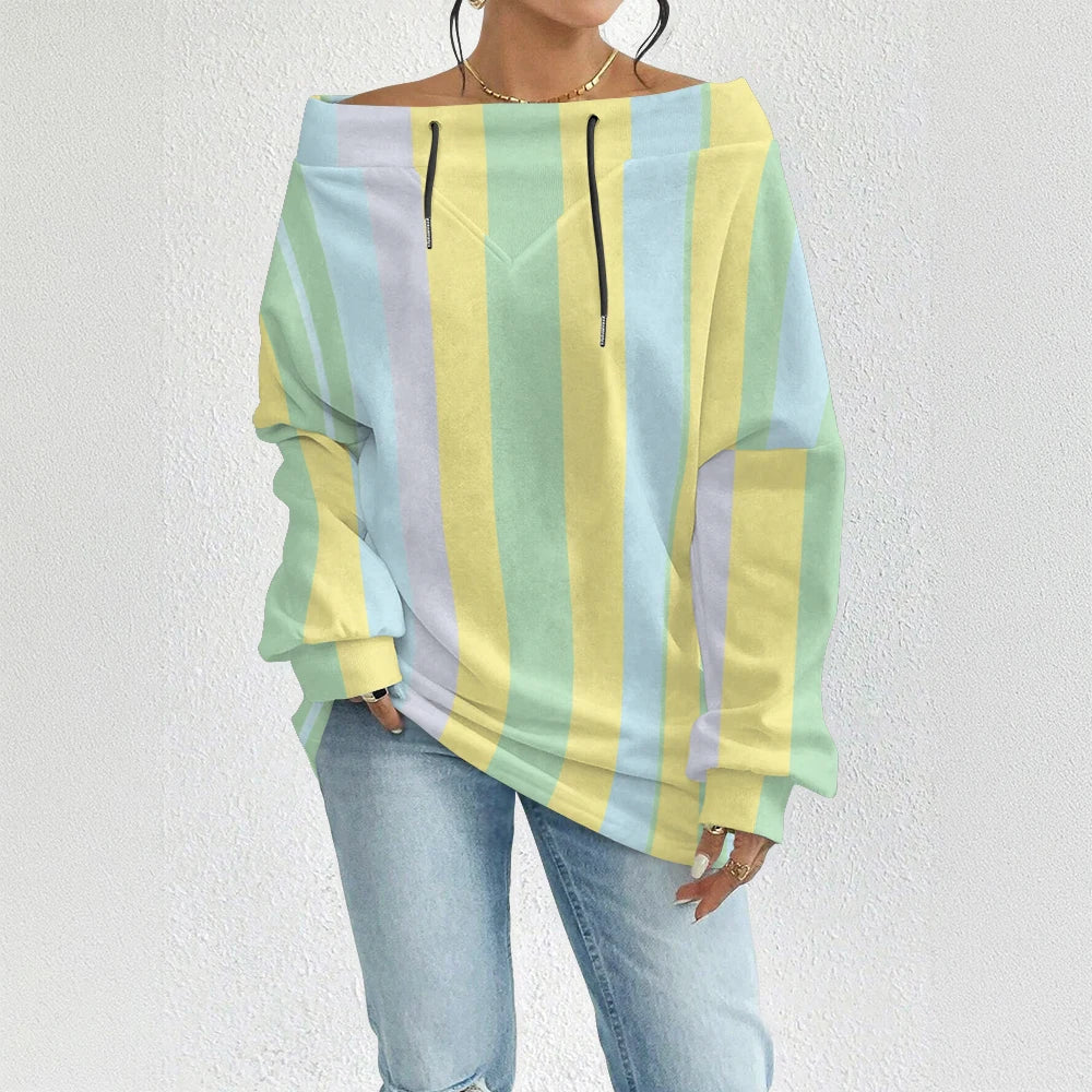 Fashion Chic Off-The-Shoulder Striped Sweatshirt Women's Sexy Drawstring Top Bohemian Style Bell Sleeve Blouse Party Pullover