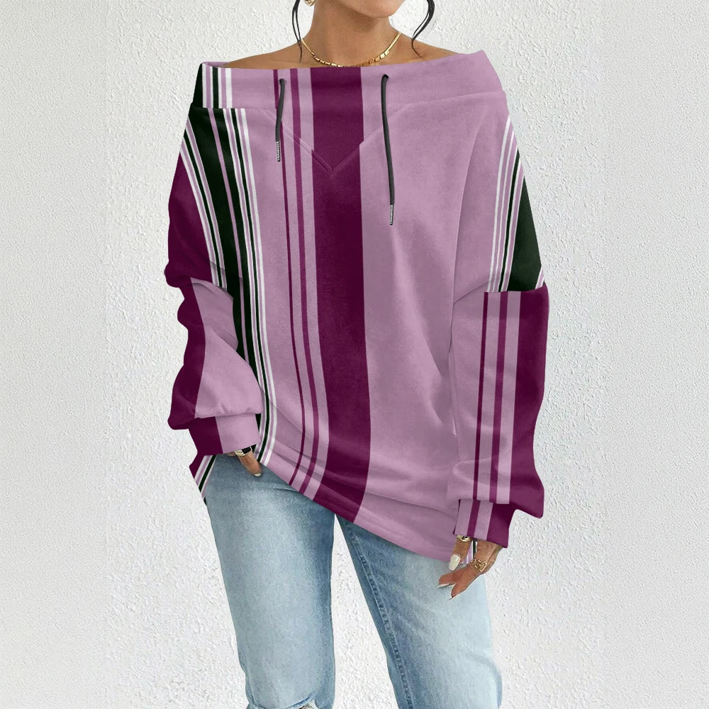 Fashion Chic Off-The-Shoulder Striped Sweatshirt Women's Sexy Drawstring Top Bohemian Style Bell Sleeve Blouse Party Pullover