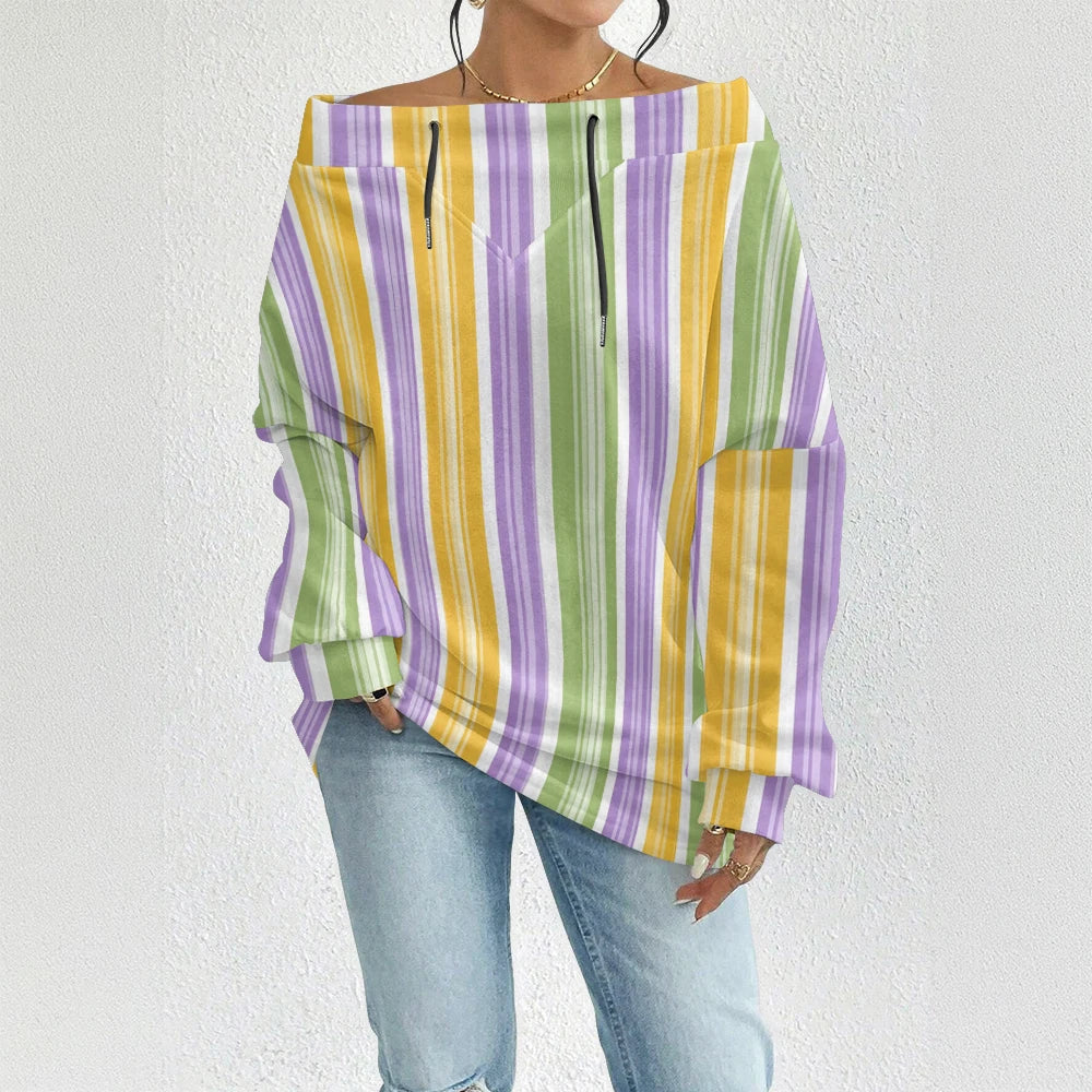 Fashion Chic Off-The-Shoulder Striped Sweatshirt Women's Sexy Drawstring Top Bohemian Style Bell Sleeve Blouse Party Pullover