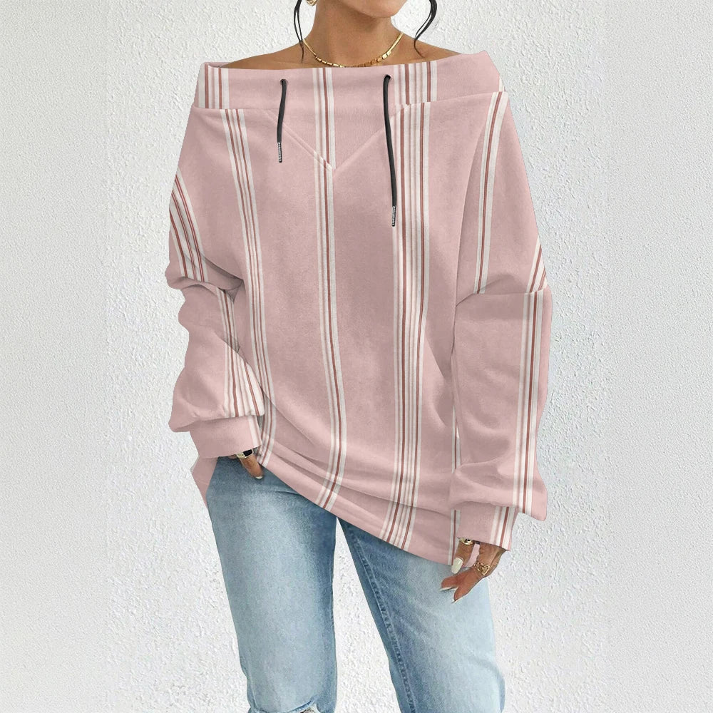 Fashion Chic Off-The-Shoulder Striped Sweatshirt Women's Sexy Drawstring Top Bohemian Style Bell Sleeve Blouse Party Pullover