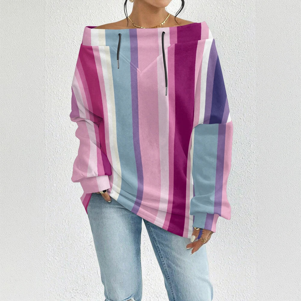 Fashion Chic Off-The-Shoulder Striped Sweatshirt Women's Sexy Drawstring Top Bohemian Style Bell Sleeve Blouse Party Pullover