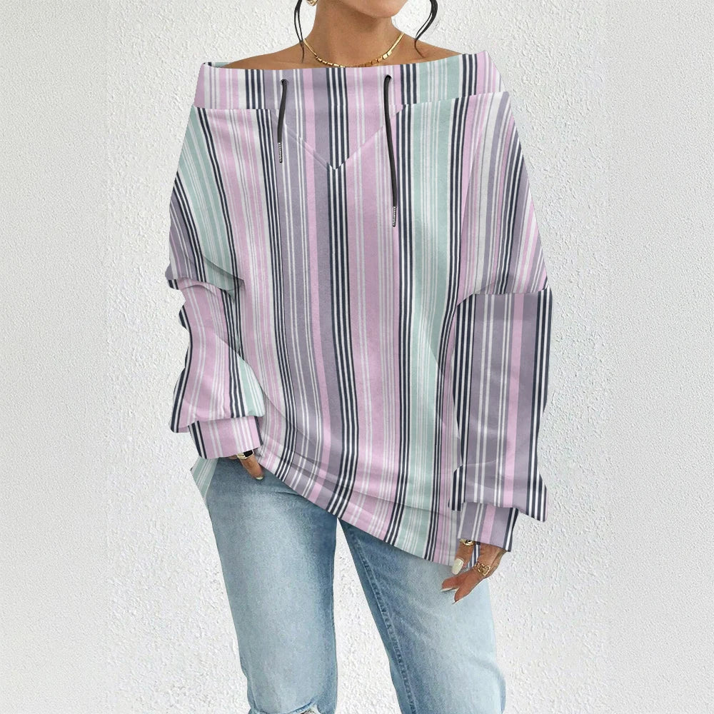 Fashion Chic Off-The-Shoulder Striped Sweatshirt Women's Sexy Drawstring Top Bohemian Style Bell Sleeve Blouse Party Pullover