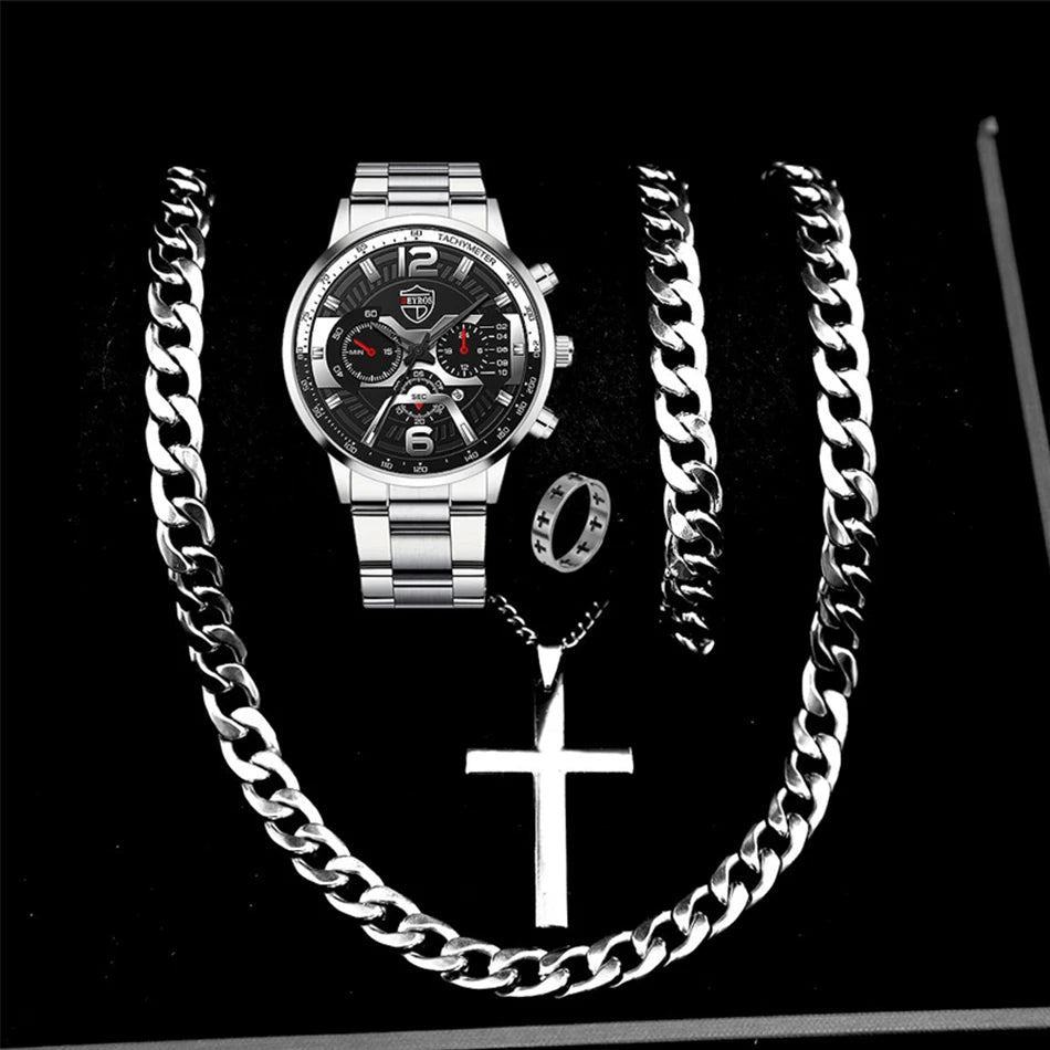 5PCS Set DEYROS Fashion Mens Calendar Watches Men Business Stainless Steel Quartz Wristwatch Male Casual Necklace Bracelet Watch