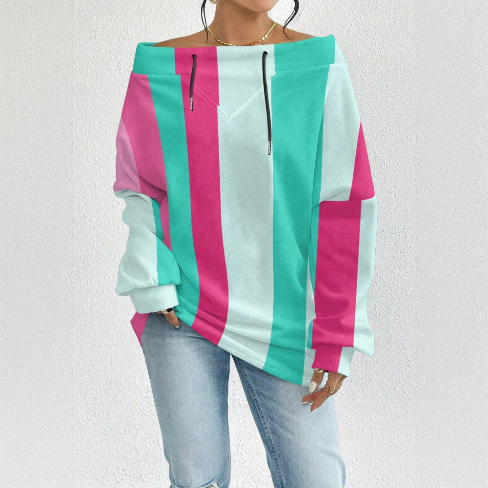 Fashion Chic Off-The-Shoulder Striped Sweatshirt Women's Sexy Drawstring Top Bohemian Style Bell Sleeve Blouse Party Pullover