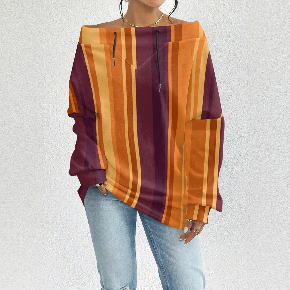 Fashion Chic Off-The-Shoulder Striped Sweatshirt Women's Sexy Drawstring Top Bohemian Style Bell Sleeve Blouse Party Pullover
