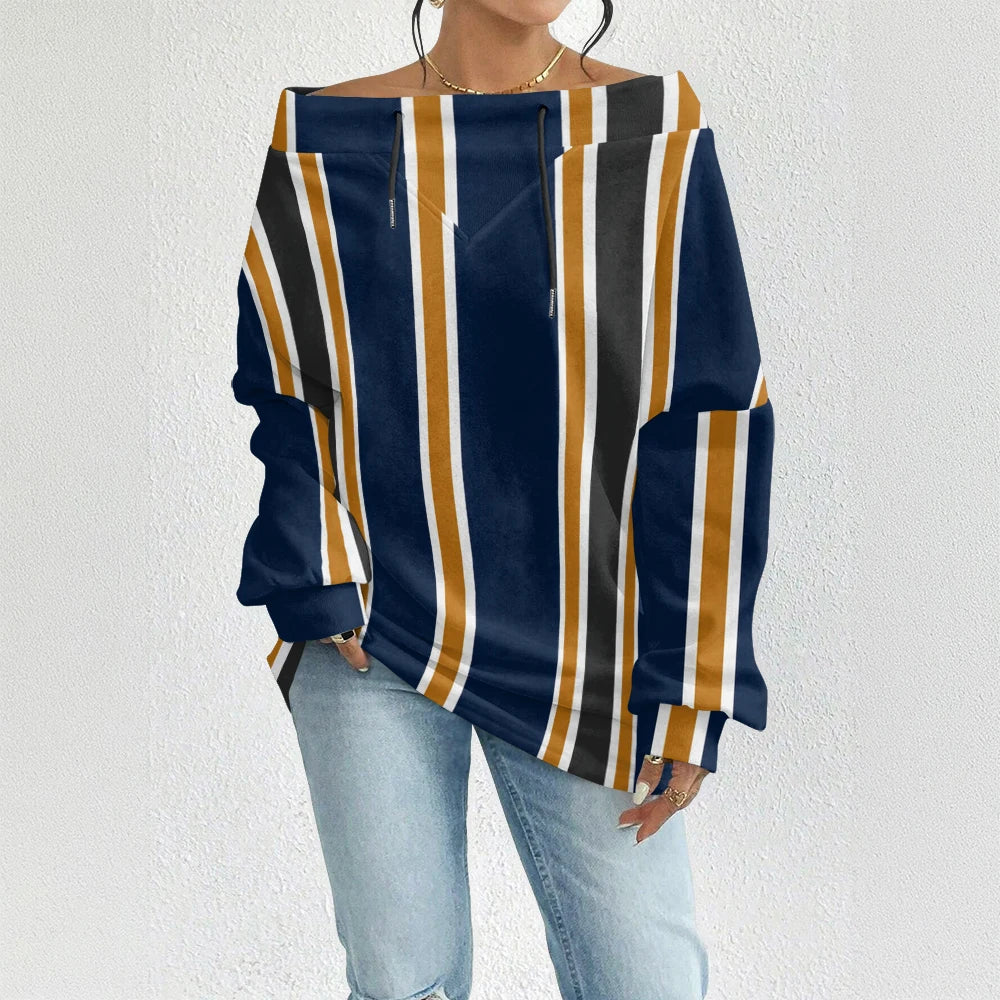 Fashion Chic Off-The-Shoulder Striped Sweatshirt Women's Sexy Drawstring Top Bohemian Style Bell Sleeve Blouse Party Pullover
