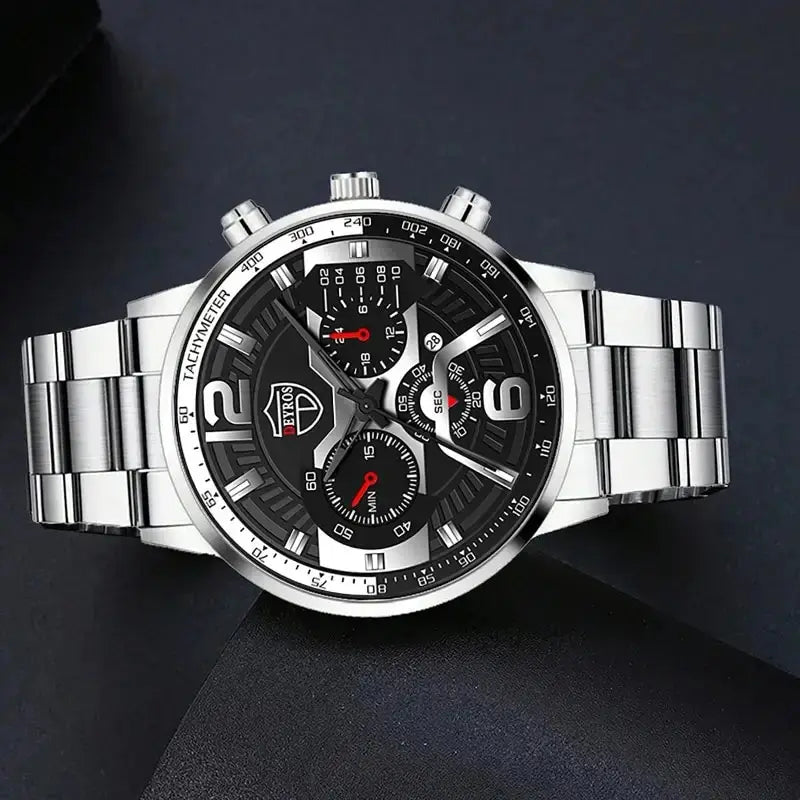 5PCS Set DEYROS Fashion Mens Calendar Watches Men Business Stainless Steel Quartz Wristwatch Male Casual Necklace Bracelet Watch