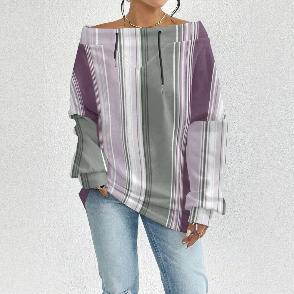 Fashion Chic Off-The-Shoulder Striped Sweatshirt Women's Sexy Drawstring Top Bohemian Style Bell Sleeve Blouse Party Pullover