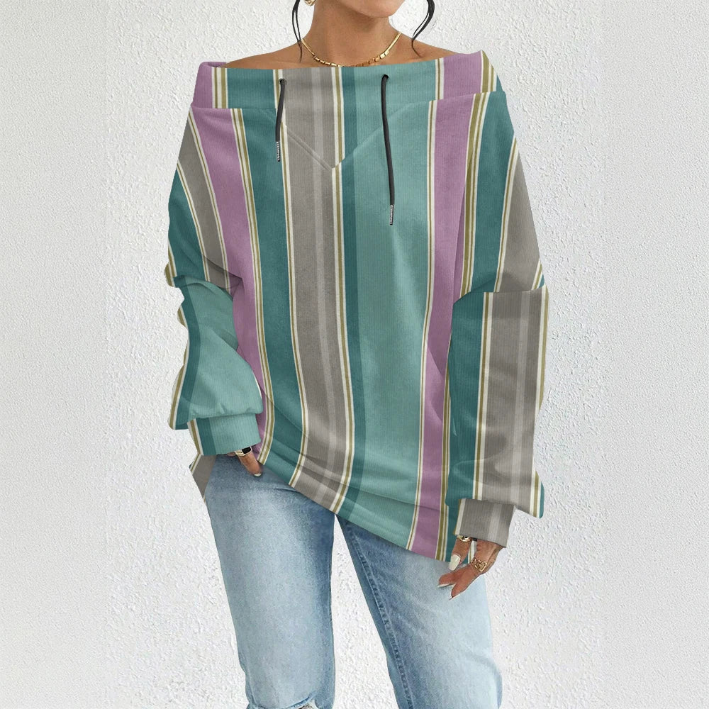 Fashion Chic Off-The-Shoulder Striped Sweatshirt Women's Sexy Drawstring Top Bohemian Style Bell Sleeve Blouse Party Pullover