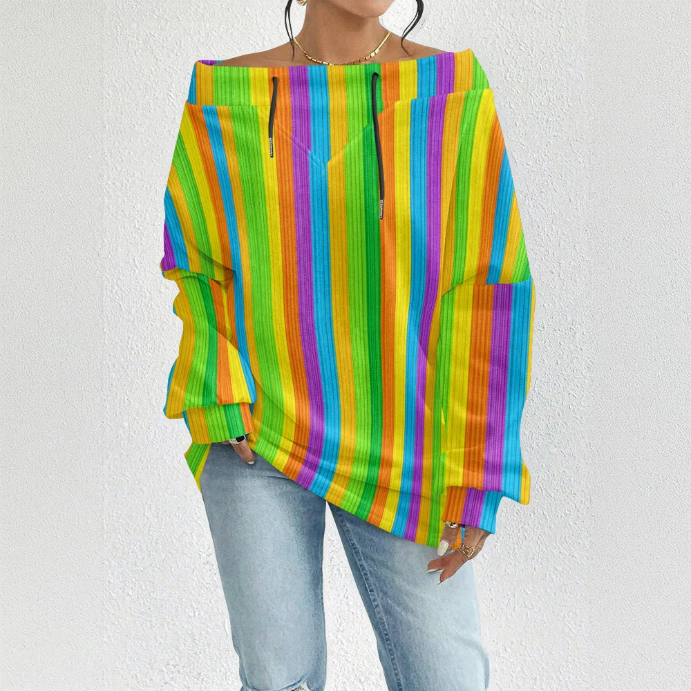 Fashion Chic Off-The-Shoulder Striped Sweatshirt Women's Sexy Drawstring Top Bohemian Style Bell Sleeve Blouse Party Pullover