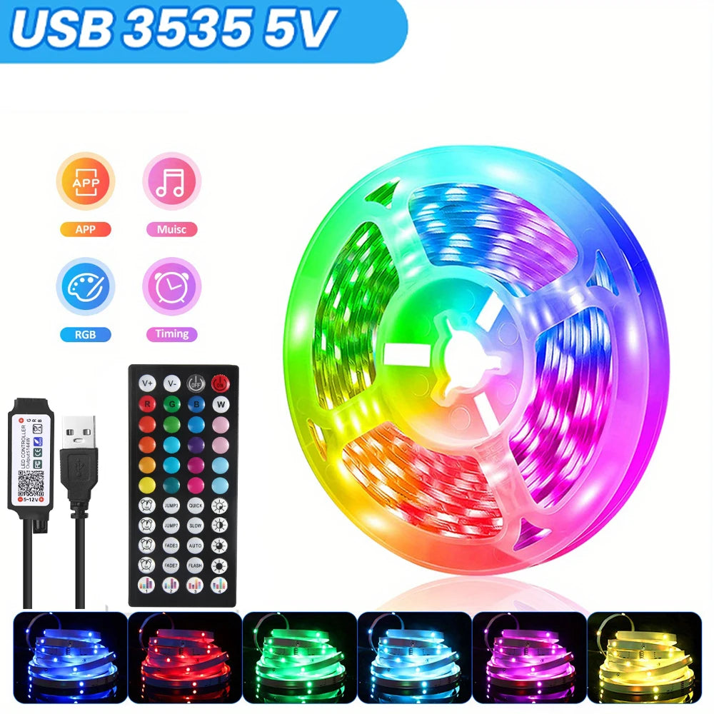 3.28ft-100ft USB LED Strip Light APP Control with 44 Key Remote Control RGB 3535 Ribbon Lamp TV Backlights Game Room Home Decor