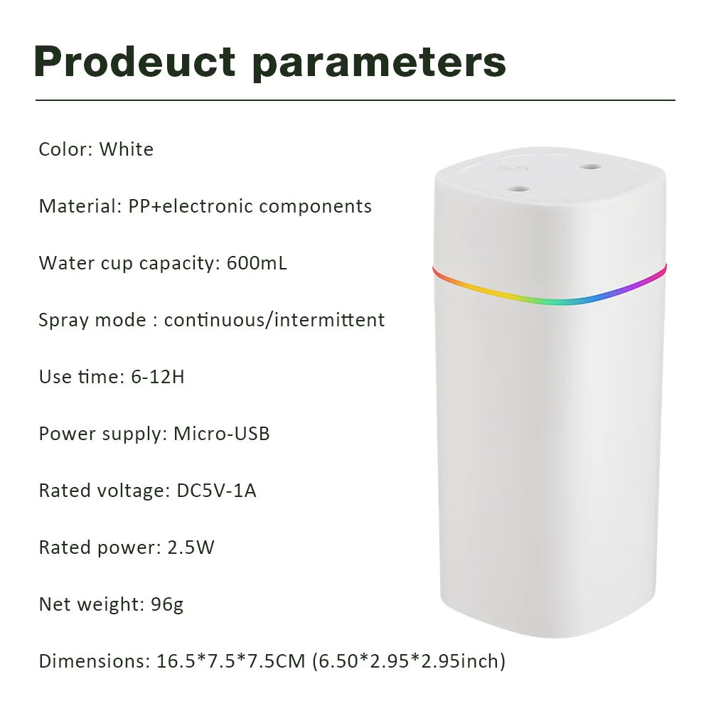 600ML Air Humidifier Double Spray Port Essential Oil Aromatherapy Diffuser Mute Atomizer Colorful Lights For Home Office Car