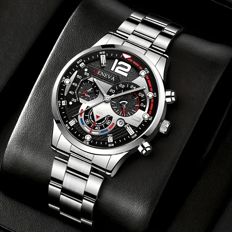 4pcs fashionable men's quartz watch - stainless steel strap, round zinc alloy case, electronic sports