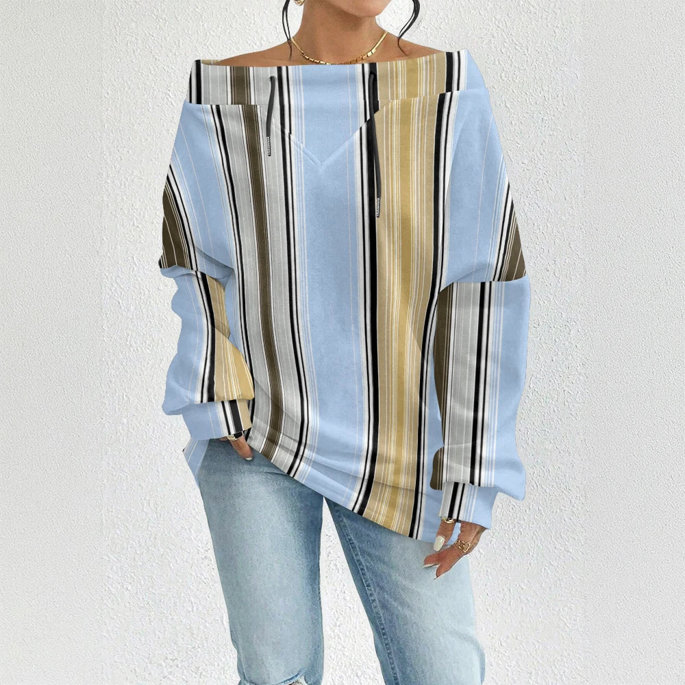 Fashion Chic Off-The-Shoulder Striped Sweatshirt Women's Sexy Drawstring Top Bohemian Style Bell Sleeve Blouse Party Pullover