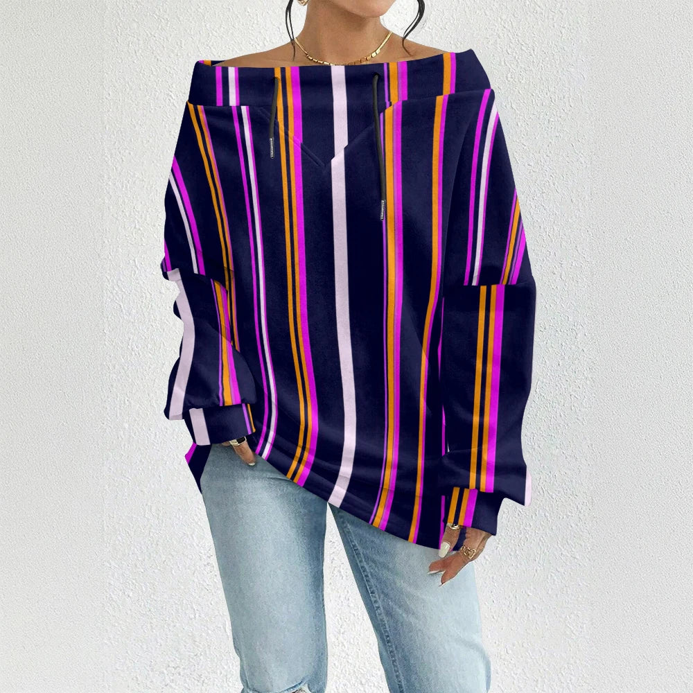 Fashion Chic Off-The-Shoulder Striped Sweatshirt Women's Sexy Drawstring Top Bohemian Style Bell Sleeve Blouse Party Pullover