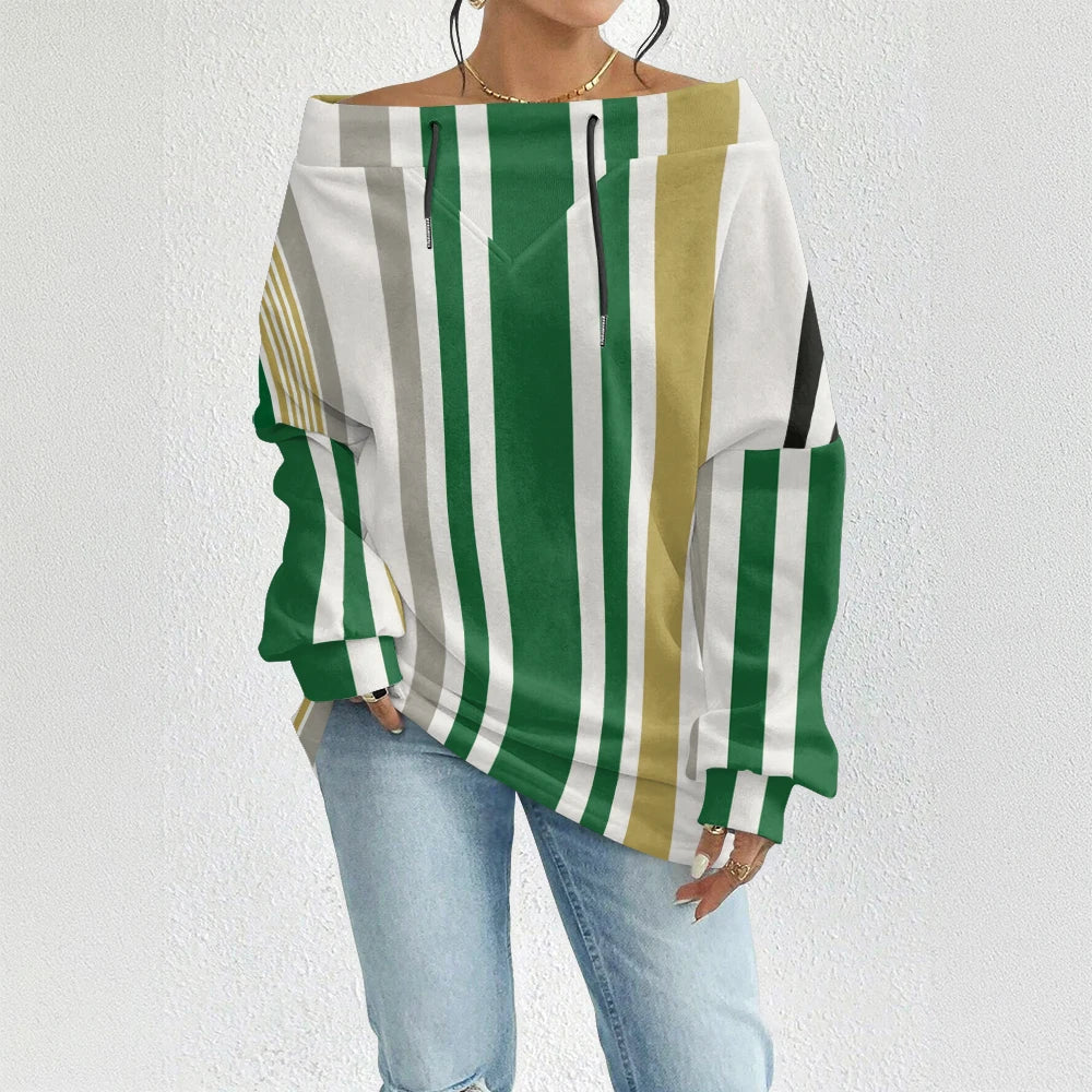 Fashion Chic Off-The-Shoulder Striped Sweatshirt Women's Sexy Drawstring Top Bohemian Style Bell Sleeve Blouse Party Pullover