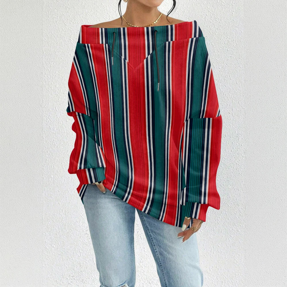 Fashion Chic Off-The-Shoulder Striped Sweatshirt Women's Sexy Drawstring Top Bohemian Style Bell Sleeve Blouse Party Pullover