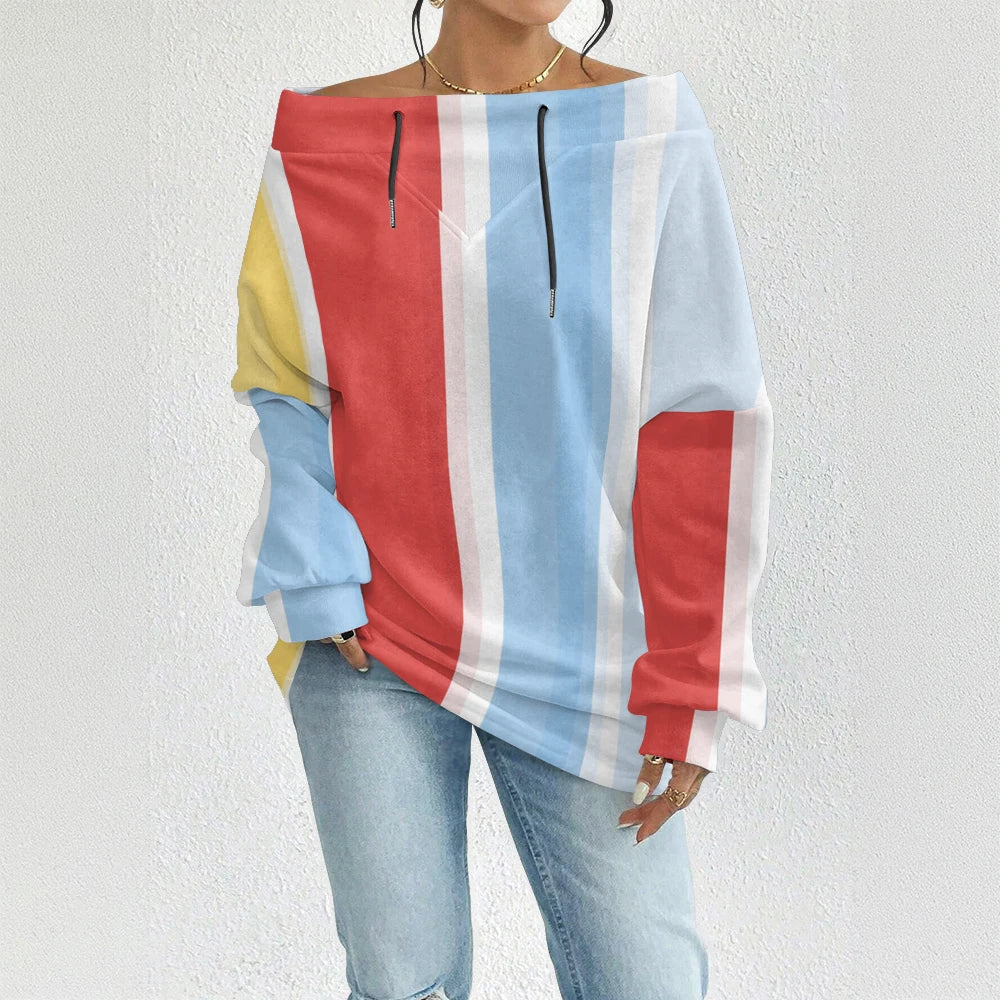 Fashion Chic Off-The-Shoulder Striped Sweatshirt Women's Sexy Drawstring Top Bohemian Style Bell Sleeve Blouse Party Pullover