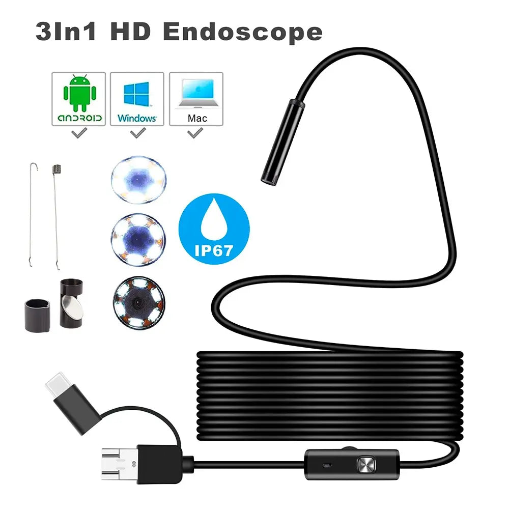 7MM Android Endoscope Camera 3 IN1 Micro USB Type C Borescope Mini Camera Waterproof LED Car Inspection For HUAWEI XIAOMI PC