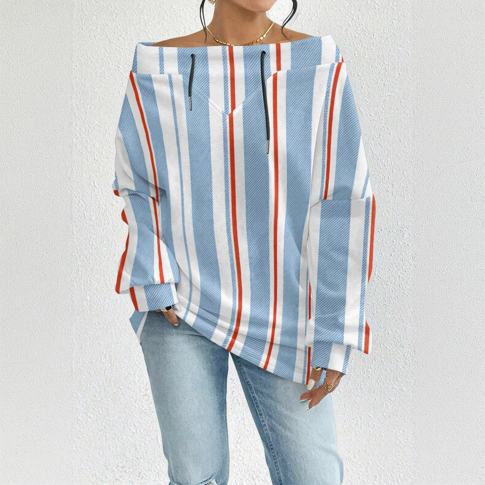 Fashion Chic Off-The-Shoulder Striped Sweatshirt Women's Sexy Drawstring Top Bohemian Style Bell Sleeve Blouse Party Pullover